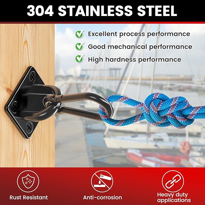 sprookber 304 Stainless Steel Pad Eye Snap Hooks, M8 Heavy Duty Ceiling Hooks, 1200 lb Capacity Hammock Swing Hanging kit, Plant Hangers, Marine Hardware Staple Hook Loop with Screws, Set of 8(Black)