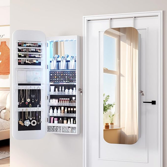 Vlsrka 6 LEDs Mirror Jewelry Cabinet Door Hanging, 47.2" Wall Mounted Jewelry Cabinet, Lockable Full Length Mirror with Storage, Rounded Corner Mirror Jewelry Organizer, 2 Drawers, White
