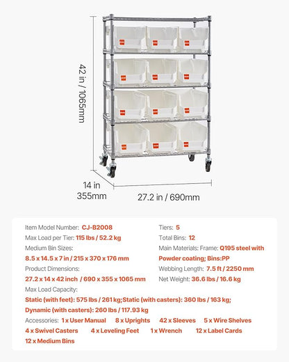VEVOR 5-Tier Rolling Bin Storage Rack, 12 Organizer Bins, Bin Rack Storage Steel Wire Shelving System with Wheels, Mobile Tool Organizer for Garage, Warehouse, Office, Restaurant, Classroom, Kitchen