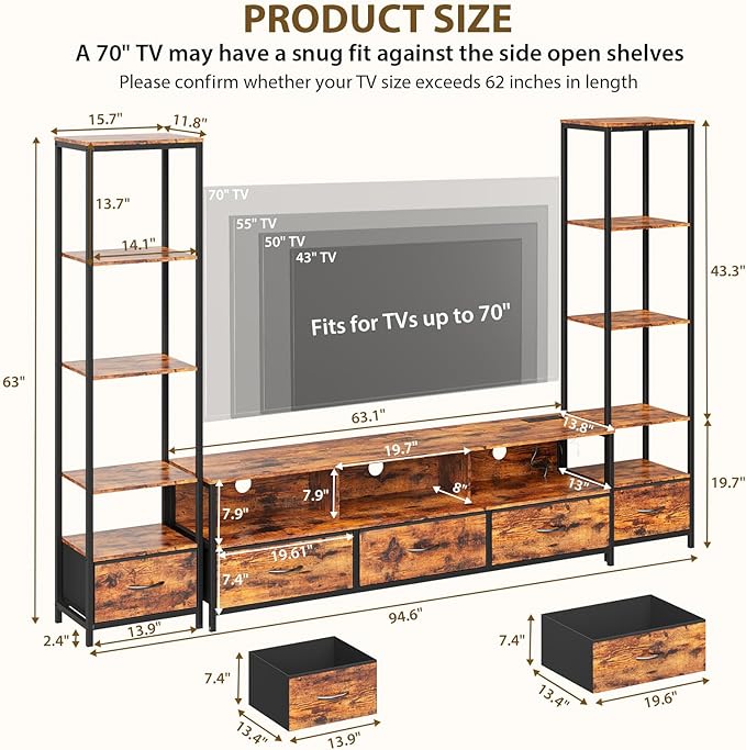 GarveeHome Entertainment Center, with 5 Fabric Drawer & 2 Bookshelf, TV Console Table with Shelf, LED & Power Outlets, for Home Office