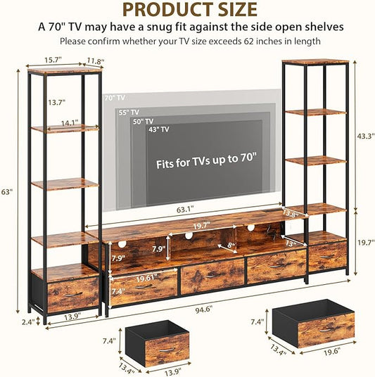 GarveeHome Entertainment Center, with 5 Fabric Drawer & 2 Bookshelf, TV Console Table with Shelf, LED & Power Outlets, for Home Office