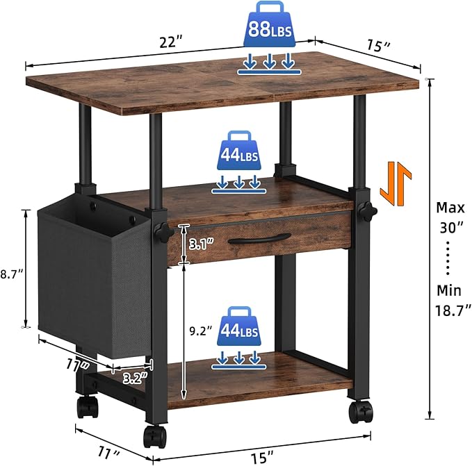 YAOHUOO Large Printer Stand with Storage Drawer and Side Bag, 3-Tier Height Adjustable Table for Home Office, Fits Heat Press/Laser/3D Printer (Rustic Brown)