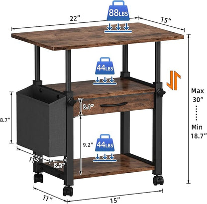 YAOHUOO Large Printer Stand with Storage Drawer and Side Bag, 3-Tier Height Adjustable Table for Home Office, Fits Heat Press/Laser/3D Printer (Rustic Brown)
