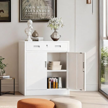 CJF Metal Storage Cabinet, Locking Storage Cabinet with 1 Drawer and Adjustable Shelf, 36" H x 28" W x 16" D White Metal Cabinets for Office, Home, Garage