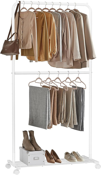 SONGMICS Clothes Rack with Wheels, Double-Rod Clothing Rack for Hanging Clothes, 25.4mm Metal Garment Rack with Dense Mesh Storage Shelf, 110 lb Load Capacity, 2 Brakes, White UHSR027W01
