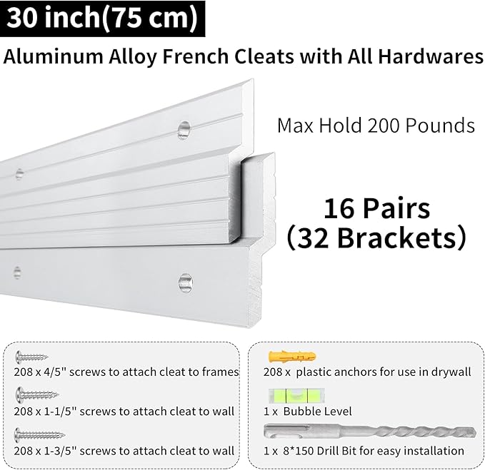 French Cleat Hanger 30 inch - 16 Pairs Heavy Duty Aluminum Alloy Picture Hanging Kit Z Bar Clips Wall Mounting 200 lbs Load Interlocking Brackets Mirror Hanging Hardware Frame Hanger