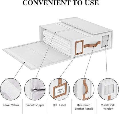 8 Pack Foldable Bed Sheets Set Organizers and Storage(King & Queen Size),Linen Fabric Closet Organizers with Window,Folding Bedding Storage Box for Bedsheets and Pillow Cube Organizer-White