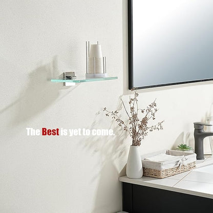 JQK Bathroom Glass Shelf Chrome, Tempered Glass Shower Storage 8 by 5 inches, 304 Stainless Steel Polished Chrome Wall Mount, TGS201L8-CH