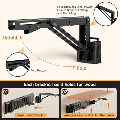 4 Pack E Track Folding Shelf Brackets - 12 Inches Heavy Duty Steel E Track Folding Shelf Bracket with Stainless Pivot,E Track Folding Fixed Shelf Bracket for Truck,Enclosed Trailer,Garage,Workbench