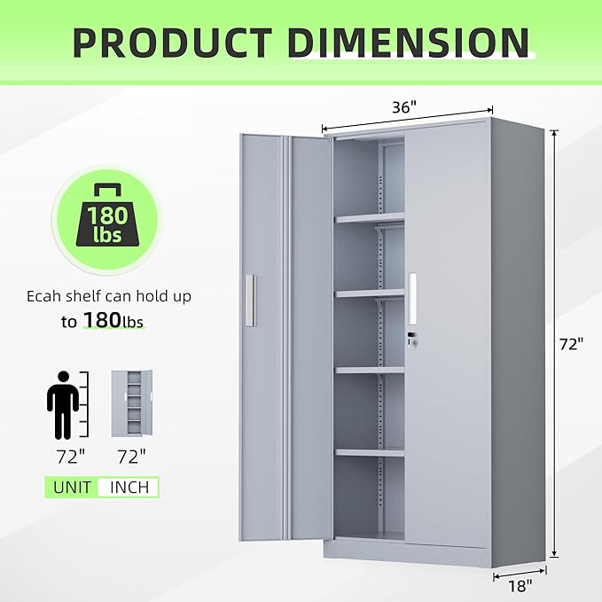 Bonusall 72" Metal Garage Storage Cabinet， Heavy-Duty Steel Cabinet with 2 Locking Doors & 5 Adjustable Shelves for Home, Office, or Workshop Organization(Cement Grey)