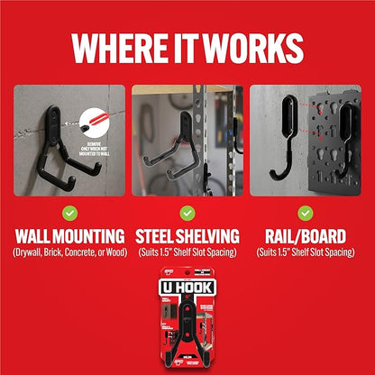 Smart T Garage Storage Wall Hook | 3" U-Hook for Garage Organization, Heavy Duty Organizer Wall Mount or Shelving Hooks