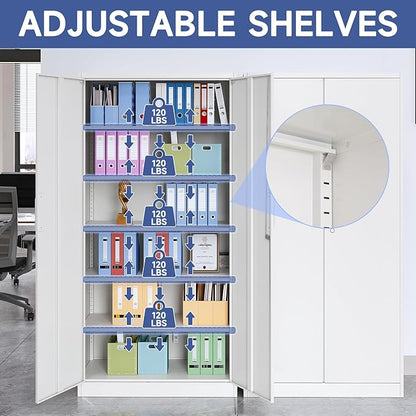 Metal Garage Storage Cabinet, 71" Locking Cabinet with 2 Doors and 5 Adjustable Shelves, White