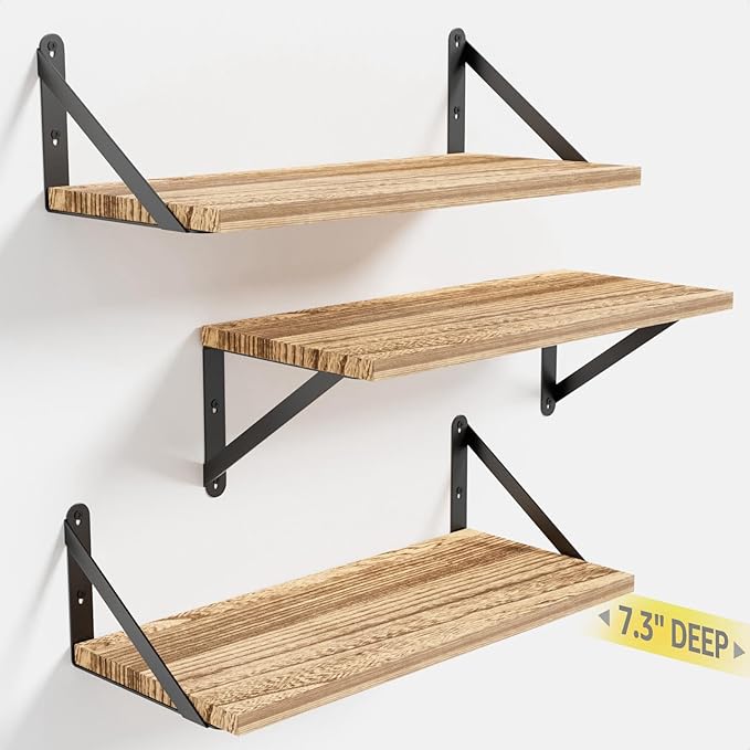 Wall Shelves 7.3" Deep Set of 3, Solid Paulownia Wood Wider Longer Sturdy Easy to Install Wall Mounted Bookshelves Storage Shelves Bathroom Home Office Laundry Room Bedroom Organizer