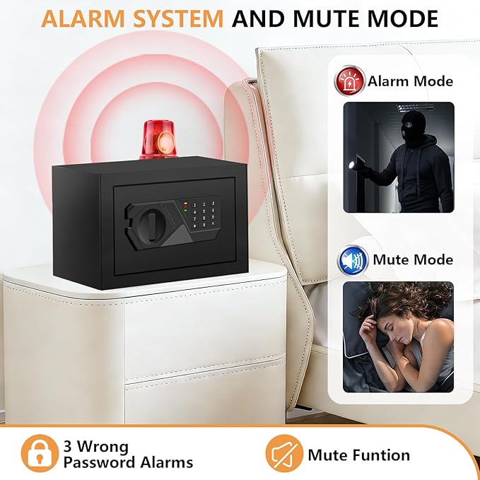 0.4 Cub Small Safes for Home Use, Security Safe Box with Spare Keys, Alarm System, Programmable Keypad and Removable Shelf, Anti-Theft Digital Steel Home Safe for Document Money Medicine Valuables