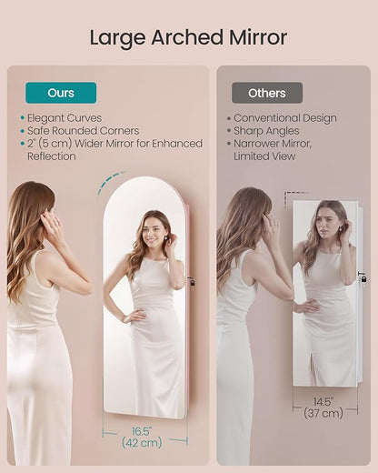 SONGMICS Wide Jewelry Organizer, LED Jewelry Cabinet Wall/Door Mounted, Arched Mirror with Storage, Lockable, Rounded Corner, Interior Mirror, 3.9 x 16.5 x 42.5 Inches, Jelly Pink UJJC020SA01S