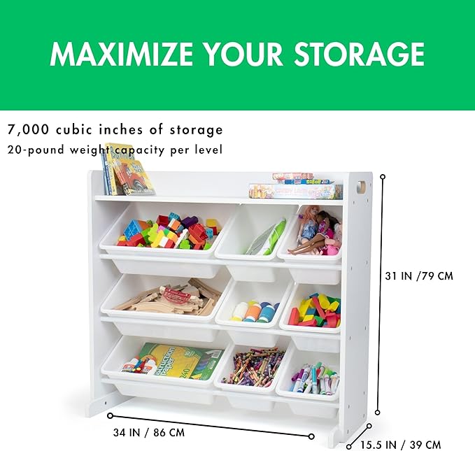 Humble Crew Toy Storage Organizer with Top Shelf and 9 Removable Bins, White/White – Toddler Bookshelf with Toy Organizer - Modern Toy Rack Ideal for Kids' Rooms, Playrooms, and Nurseries