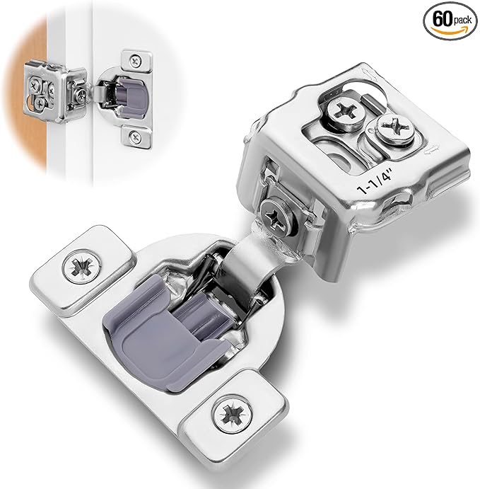 Decobasics 60 Pack Soft Close Cabinet Hinges 1-1/4" Overlay for Kitchen Cabinet Doors, Slow Self-Closing Concealed Hidden Hinges for Face Frame –Stainless Steel, 3-Way Adjustable & Quiet Close Damper