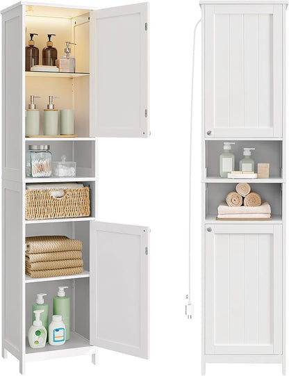 VASAGLE Tall Bathroom Cabinet with Lights, Slim Freestanding Bathroom Storage Cabinet with Adjustable Shelves, for Small Spaces, Modern, 15.7 Inches Wide, Cloud White UBBC766W02