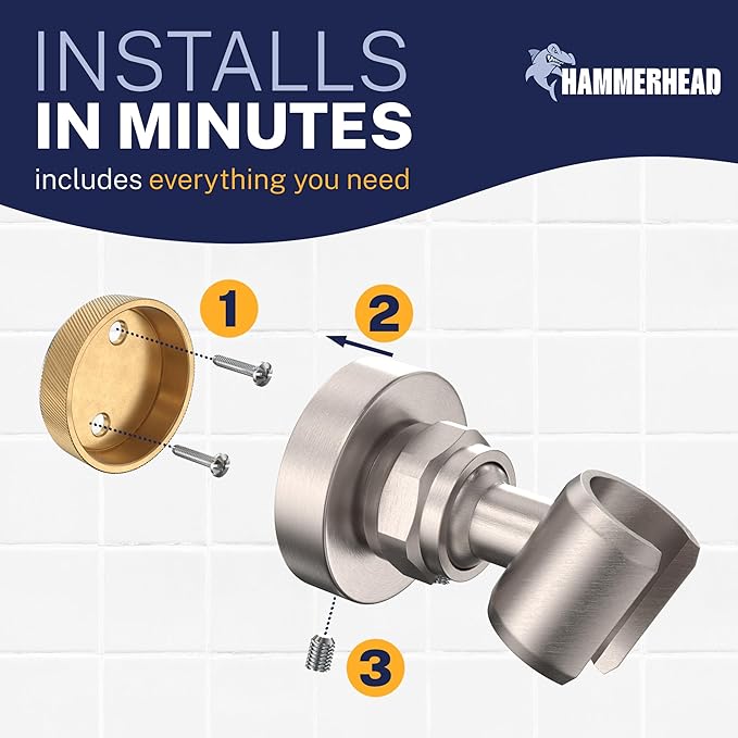 HammerHead Showers Solid Metal Handheld Showerhead Holder Wall Mount, Adjustable Screw-Mounted Pivot Ball, Shower Hose Holder, Fits Most Handheld Showerheads, Brushed Nickel
