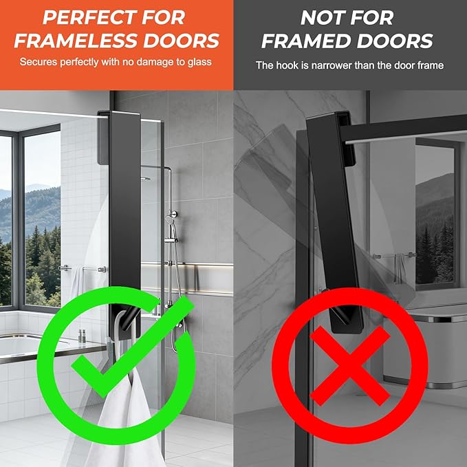 Shower Door Hooks(7.5 Inch),Extended Over Door Hooks for Bathroom Frameless Glass Shower Door,Stainless Steel Towel Hooks,Heavy Duty Rack Hooks for Robe,Towel-3 Pack-Black