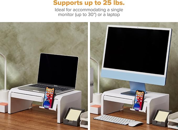 Bostitch Konnect Adjustable Monitor Riser with Drawer & Cell Phone Holder, Laptop Stand for Desk, 4 Height Levels, Cable Management & Rubber Feet
