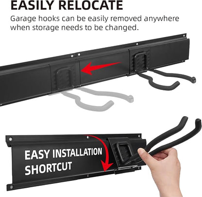 Sinoer Heavy Duty Steel Garage Wall Mount Garden Tool Organizer with 9 Adjustable Metal Hooks and 2 Straps, for Garden Tools, Chairs, Brooms, Mops, Rakes, Shovel