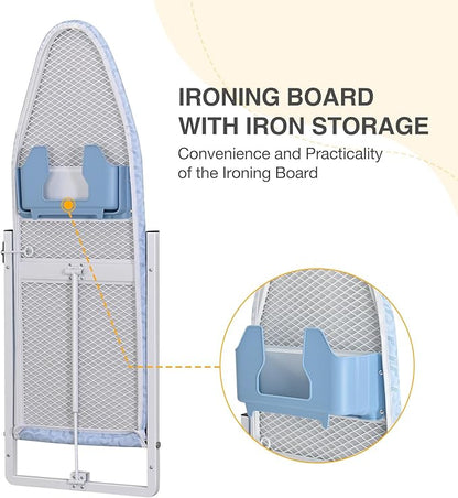 KINGBOARD Wall Mounted Ironing Board with Iron Holder, Compact Ironing Board for Small Spaces, Foldable Iron Stand Heat Resistant Cover, 36" X 12" Light Blue