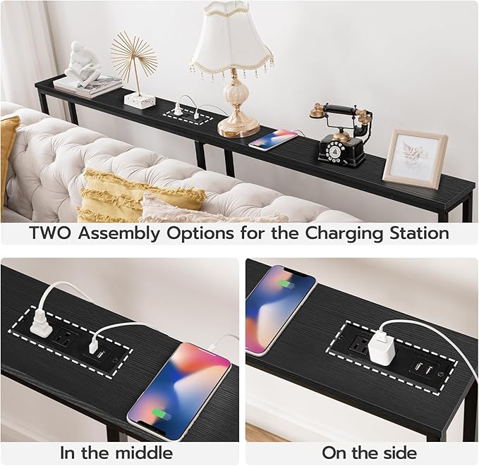 HOOBRO 63" Narrow Console Table with Charging Station, 5.9" Sofa Table with 2 Power Outlets and USB Ports, Long Entryway Tables Behind Couch Table, for Hallway, Livingroom, Black BB165UXG01G1