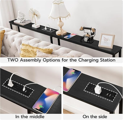 HOOBRO 63" Narrow Console Table with Charging Station, 5.9" Sofa Table with 2 Power Outlets and USB Ports, Long Entryway Tables Behind Couch Table, for Hallway, Livingroom, Black BB165UXG01G1