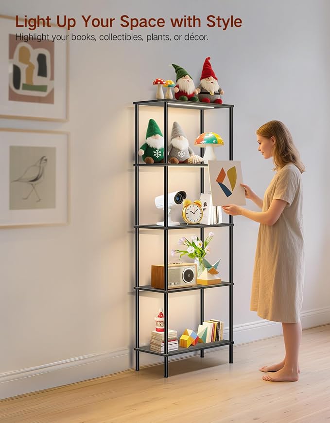 5 Tier Bookshelf with LED Light, Dimmable Bookcase with Touch & Remote Control, 3 Color Temperatures, Tall Modern Display Standing Shelf for Living Room, Bedroom, Home Office (Black)