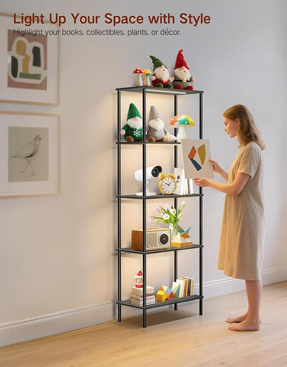 5 Tier Bookshelf with LED Light, Dimmable Bookcase with Touch & Remote Control, 3 Color Temperatures, Tall Modern Display Standing Shelf for Living Room, Bedroom, Home Office (Black)