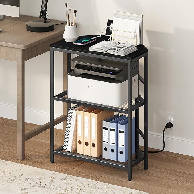 Corner Printer Stand with Charging Station, 3-Tier Large Printer Table with Adjustable Feet, Metal Frame Storage Shelf for Office, Living Room, Small Space, Black PTBK14E01
