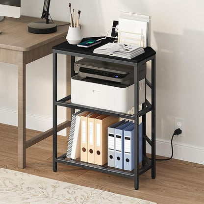 Corner Printer Stand with Charging Station, 3-Tier Large Printer Table with Adjustable Feet, Metal Frame Storage Shelf for Office, Living Room, Small Space, Black PTBK14E01