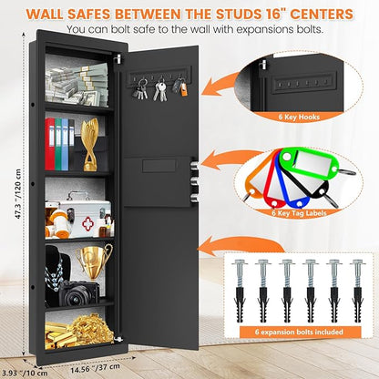 47.3" Tall Fireproof Wall Safes Between the Studs 16" Centers, Large Hidden Flush Wall Safe with 4 Removable Shelf & 6 Key Hooks, 48LB Heavy Duty In Wall Safe for Home, Money, Jewelry, Valuables