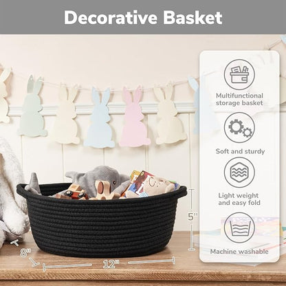 Goodpick Small Woven Basket, Baskets for Gifts Empty, Baby Basket with Handles, Black Baskets for Organizing, Dog Toy Basket, Rope Baskets for Storage, 12" x 8" x 5"