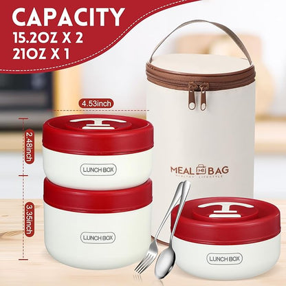 Dandat 3 Pcs Portable Insulated Lunch Container Set for Adult, Stackable Stainless Steel Bento Box for Hot Food with Insulated Lunch Bag Unisex 3 Separate Thermal Food Container(Red)