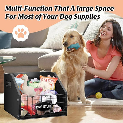 Dog Toy Bin - Large Wooden Dog Toy Box - Organizer & Storage for Puppy Leash, Blanket, Food & Accessories