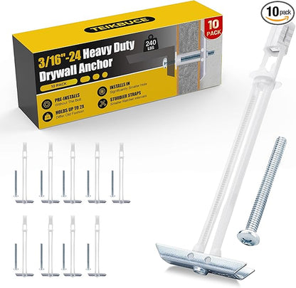Drywall Anchor with Included Bolts for 3/16”-24, Heavy Duty Hollow Drywall Anchors for TV Mounting Kit, Stainless Steel Hollow Wall Anchors Holds up to 240 lbs Each in 1/2-in Drywall-10 Pack