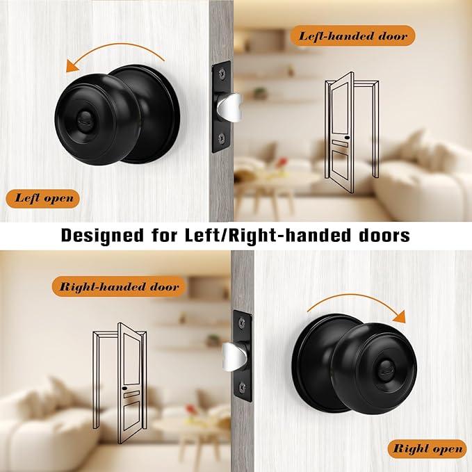 Probrico Flat Black Privacy Door Knob Interior Bath/Bed Lock Flat Ball Keyless Lock Interior Door Knobs (1 Pack)