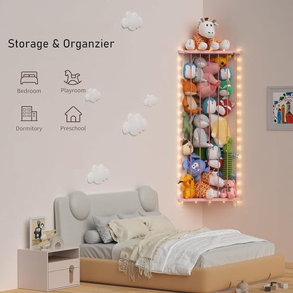 Corner Stuffed Animal Storage Net - 2-in-1 Large Stuffed Animals Holder with Light - Plush Organizer Hanging Stuffed Animal Hammock for Wall (Pink)