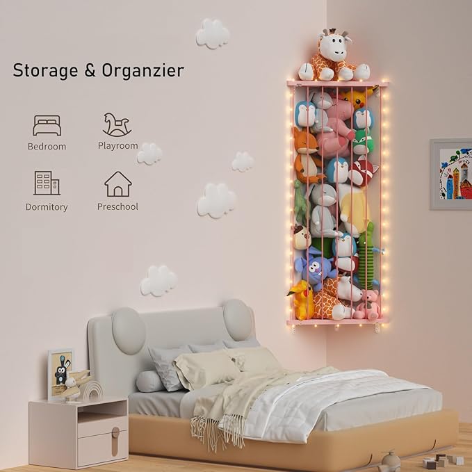 Corner Stuffed Animal Storage Net - Stuffed Animals Holder with Lights - Plush Toy Organizer Hanging Stuffed Animal Hammock with Adjustable Length for Kids Room Playroom Bedroom Nursery Decor