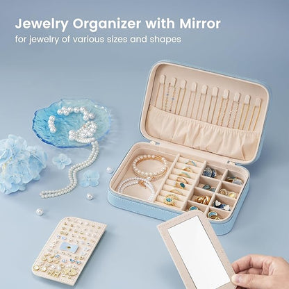 Lolalet Travel Jewelry Case for Women Girls, Travel Jewelry Organizer Box with Mirror & Clear Storage Bag, Small Portable Earring Necklace Bracelet Ring Case, Birthday Valentine Gifts -Medium, Blue