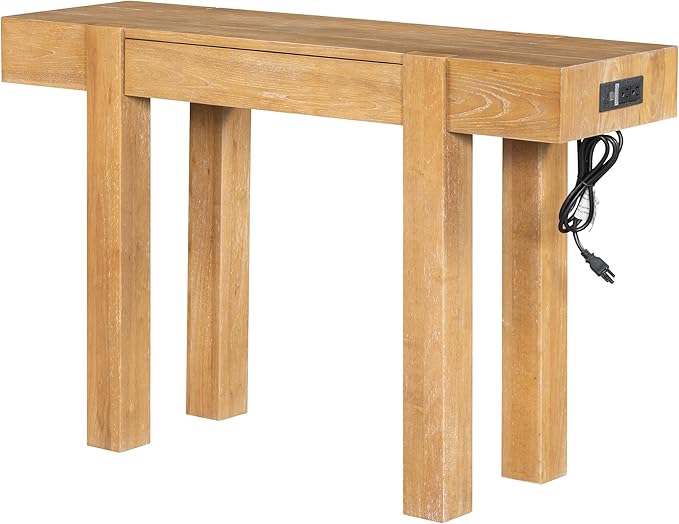 SOFTSEA Rustic Entryway Table with Hidden Drawer, Wood Console Table with Side Power Outlet, Sofa Table for Living Room Office, Natural