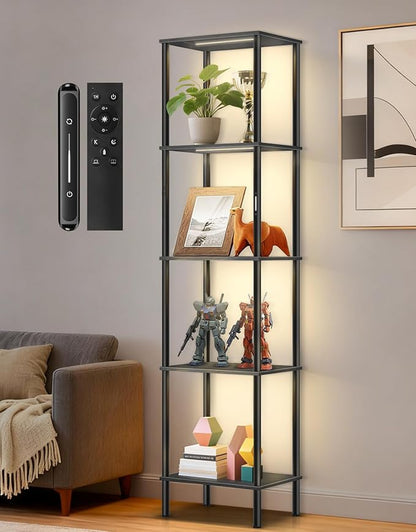 5 Tier Tall Display Shelves with LED Lights, Touch & Remote Control, Dimmable Display Cabinet, Open Bookshelf with 3 Color Temperature, Timer for Living Room, Bedroom, Home Decor(Black)
