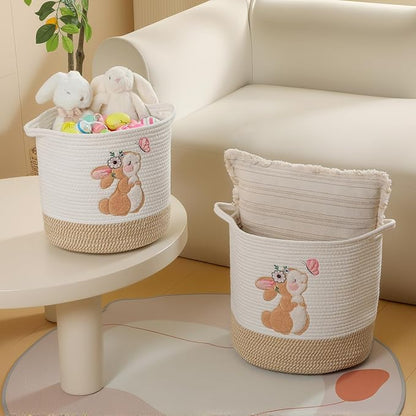 Easter Basket for Kids, Large Easter Egg Baskets Spring Gift Basket for Girls Toddlers, Toy Storage Baskets Woven Cotton Rope Storage Bins Toys Organizer Clothes Hamper for Nursery (Large, Bunny)