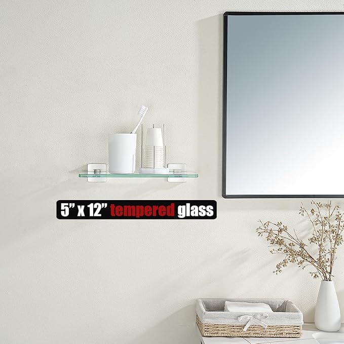 JQK Bathroom Glass Shelf, Tempered Glass Shower Storage 12 by 5 inches, 304 Stainless Steel Brushed Finish Wall Mount, TGS201L12-BN