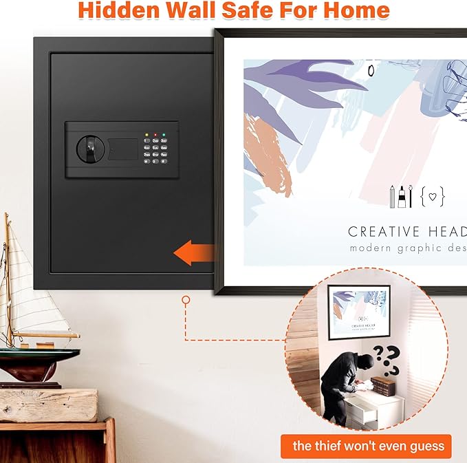 17.7" Tall Wall Safes Between the Studs 16" Centers, Hidden Wall Safe with 2 Removable Shelf & Hidden Tray, In Wall Mount Safe for Money, Jewelry, Passport, Valuables