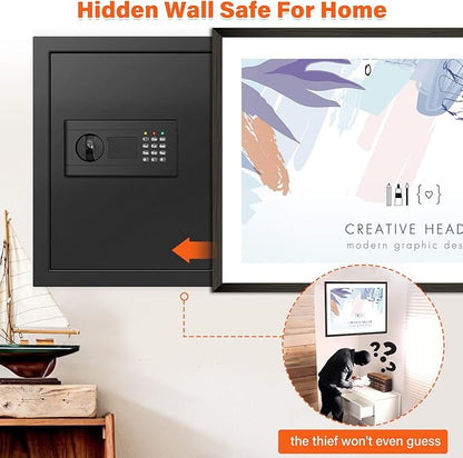 17.7" Tall Wall Safes Between the Studs 16" Centers, Hidden Wall Safe with 2 Removable Shelf & Hidden Tray, In Wall Mount Safe for Money, Jewelry, Passport, Valuables