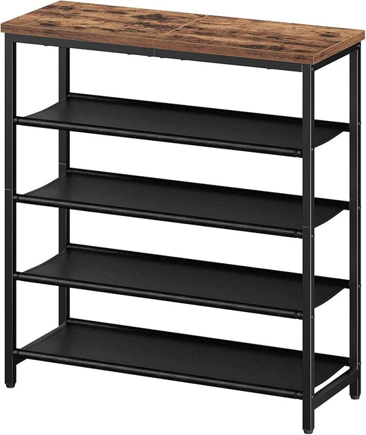 HOOBRO Shoe Rack with 4 PU Shelves, 5-Tier Shoe Storage Organizer for Closet and Entryway, Holds 12-16 Pairs of Shoes, Sturdy Metal Frame, Small Spaces, Rustic Brown and Black BF95XJ01