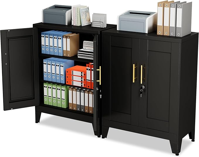 Black Metal File Cabinet with Lock (Two Units), Steel Storage Cabient with 2 Doors and 2 Adjustable Shelves, Multifunctional Locked Cabinet for Home/Office/Garage/Tool Room, Accent Furniture
